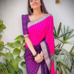 Delna Davis Instagram - Brahmashtra Two Tone Heavy Georgette Fabric All over Saree Foil Print and attached Weaving border with Weaving Zari blouse from @saibhairavi_boutique