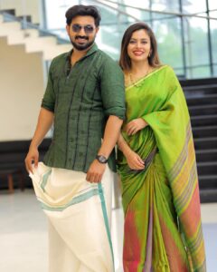 Dhanya Mary Varghese Instagram - Psychology says people who wear green never have a dull moment. 😊

📸 @shalupeyad 

#johnjacob #dhanyamaryvarghese #actors #actorscouple #lifewithjod #greendress #traditional #traditionallook #dancers #dancelovers #asianet