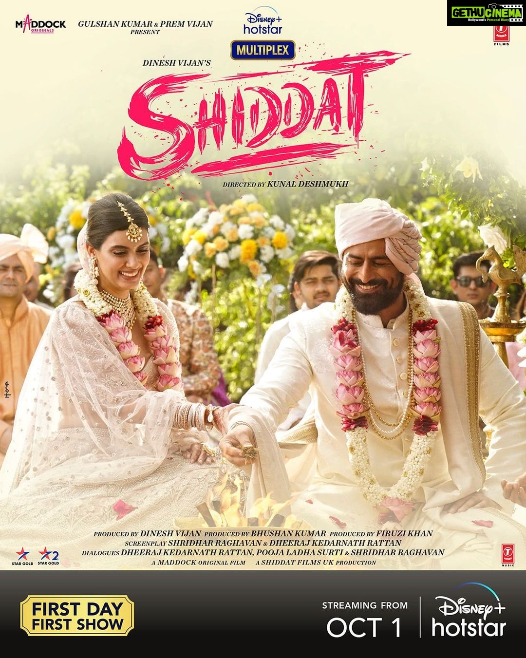 Diana Penty Instagram - Meet Ira and Gautam ππΈ #Shiddat releasing on 1st October on @disneyplushotstar #DisneyPlusHotstarMultiplex @sunsunnykhez @radhikamadan @merainna #DineshVijan #BhushanKumar @kunaldeshmukh1 #ShridharRaghavan @dheerajkedarnathrattan #PoojaLadhaSurti @sreekarprasa @amalendu_dop @maddockfilms @tseriesfilms @tseries.official
