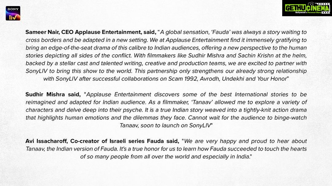 Ekta Kaul Instagram - Tanaav Aa Raha Hai!!! We are thrilled to announce 'Tanaav' - an Indian adaptation of the super hit Israeli series 'Fauda'. The socio-political action drama series is presented by SonLIV in association with Applause Entertainment. Helmed by Sudhir Mishra and co-directed by Sachin Mamta Krishn, Tanaav will hit your screens soon, exclusively on SonyLIV. #TanaavAaRahaHai @applausesocial @sameern @segaldeepak @sidkhaitan @manavvij @sumitkaul10 @rkrkay @shashank.arora @arbaazkhanofficial @zarinawahab123 @waluschaa dan.husain @instasattu @sukhmanisadana @sahibabali @pooja9g @gaur_amit @arslangoni @rockey_raina @sheendass @arryamanseth #SudhirMishra @sachin.krishn @ishanshrivedi @adhirbhat #GagandeepSinghSethi @castingchhabra @garg.prasoon @carpe_f_diem @devnidhib @payal_verma_sachdev @suhrudgobole @001danishkhan @golu_a @yesstudios @liorraz #AviIssacharoff #SharonLevi