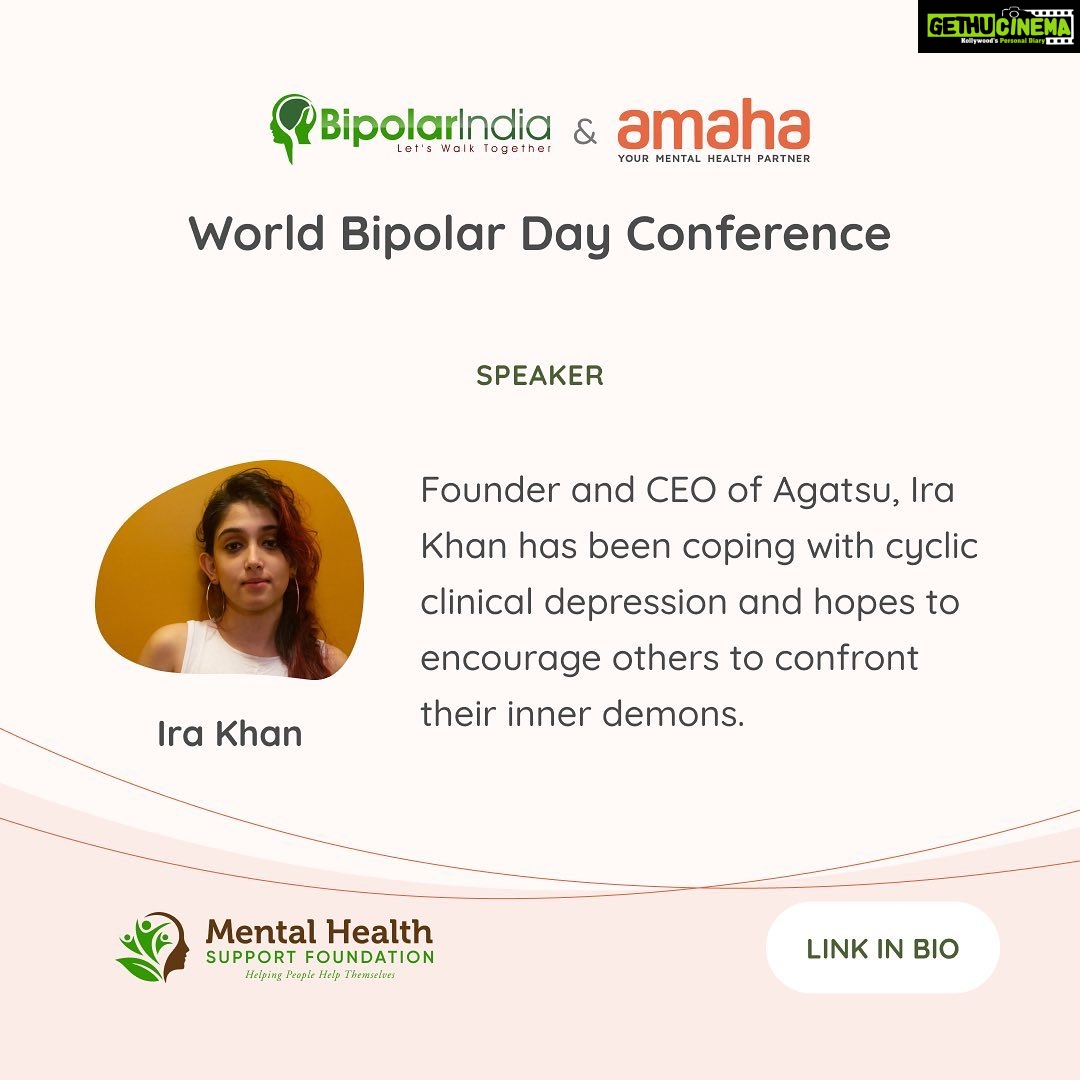 Ira Khan Instagram - Looking forward and honoured to be a part of the conversation π Tickets in my bio! . . . #bipolar #letstalk #bipolarindia #worldbipolarday #mentalhealth #mentalhealthawareness #speaker #mentalhealthsupport #mentalhealthsupportfoundation