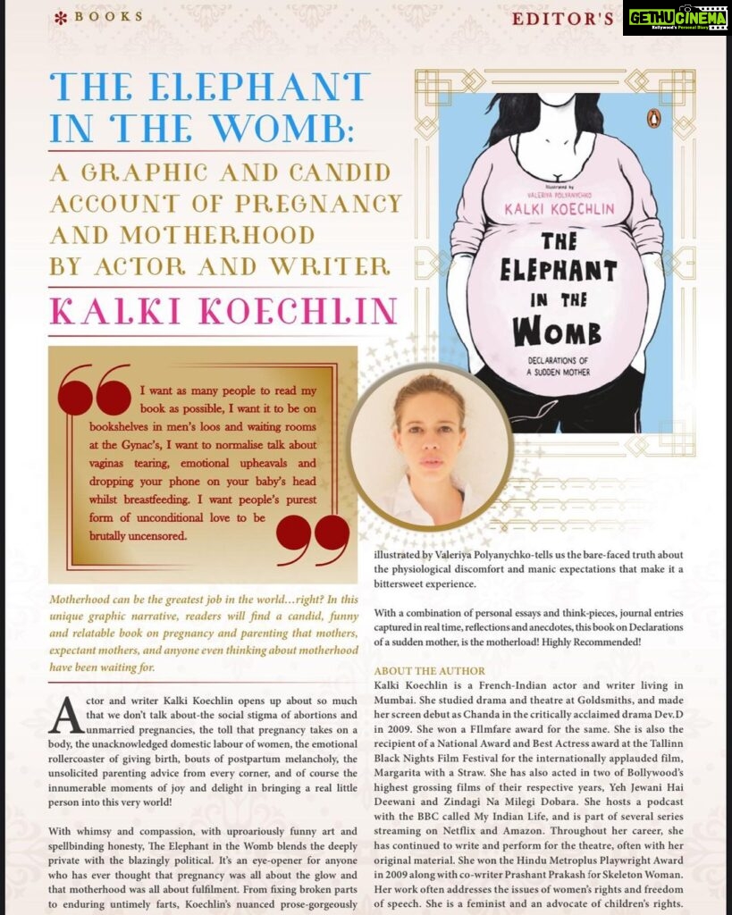 Kalki Koechlin Instagram - ‘I want as many people to read my book as possible, I want it to be on bookshelves in men’s loos and waiting rooms at the Gynac’s, I want to normalise talk about vaginas tearing, emotional upheavals and dropping your phone on your baby’s head whilst breastfeeding. I want people’s purest form of unconditional love to be brutally uncensored.’ Featured in @aspire_magazine_london_ #editorspick #theelephantinthewomb The book is available online and in bookstores around the world. Published by @penguinindia Illustrated by @plot.pointart