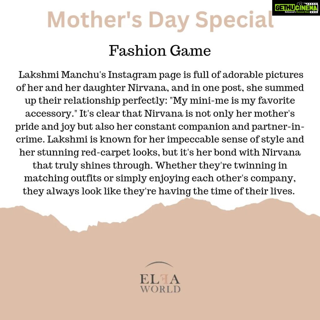 Lakshmi Manchu Instagram - Mother's Day is a time to celebrate and honor the women who have raised and nurtured us throughout our lives. For @lakshmimanchu , this special day is a time to reflect on the joy and love that being a mother has brought into her life.Lakshmi Manchu is not just a doting mother but a fun one too. The actor has shared many fun moments with her daughter, Apple (Nirvana), on her Instagram page. From walking the ramp to enjoying an IPL match, Lakshmi has shown us that she is not just a great mom but also a cool one. She has also shown us that it's important to take time out for yourself as a mom, whether it's hitting the gym or enjoying a swim. Lakshmi's commitment to her daughter's happiness is apparent in all their interactions. She not only supports Nirvana's interests but also actively participates in them. Happy Mother's Day to all the amazing moms out there, and may your journey of motherhood be filled with love and joy. Follow : @elfaworld @fashionelfaworld @artelfaworld @lifestyleelfaworld @fitnesselfaworld #lakshmimanchu #mothersday #love #motherhood #motherdaughter #mom #mothersdayspecial #nirvana #daughter #happymothersday #parenting #mother #momsofinstagram #momlove #momlife #elfaworld
