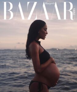 Lisa Haydon Instagram - This could very well be the grand finale of pregnancy photos on my feed for life🤪. Thanks @bazaarindia for these memories💙🧡 every bazaar cover is a privilege and honour to be on. 

Digital editor: @nandinibhalla 
Photographer: @rubylaw 
Make up : @omix 
Hair : @peter_cheng_hair 
Styling : @justinelee425 
Production : @marinafairfax 
Photographer assist : @kehocheung