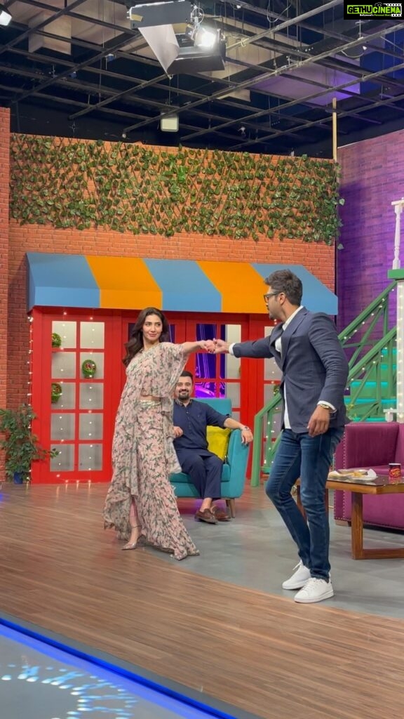 Mahira Khan Instagram - 💕 Just some real fun and love 💕🧿 @mustafafahad26 On the sets of @ahmedalibutt ‘s show! P.S watch us in our film QuaideAzam Zindabad - in cinemas 8th July 🫶🇵🇰 One of my fav outfits 👗 @saniamaskatiya 💋