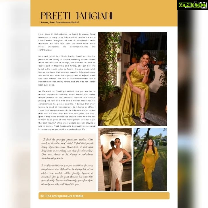 Preeti Jhangiani Instagram - From Kiran in Mohobbatein to Preeti in Awara Pagal Deewana, to many more Bollywood hit movies, the world knows Preeti Jhangiani as one of Bollywood’s finest actresses. But very little does the world know about Preeti Jhangiani’s life accomplishments and contributions. Born and raised in a Sindhi family, Preeti was the first person in her family to choose Modelling as her career. While she was still in college, she decided to take an active part in Modelling and Acting. She got her first break in the music video by Rajshri—It was a massive hit. But no one knew that another massive Bollywood movie was on its way. After the huge success of Rajshri, Preeti was soon offered the role of Mohobbatein—Her role in Mohobbatein won many hearts and she has not looked back ever since. As life went on, Preeti got settled. She got married to another Bollywood celebrity, Parvin Dabas, and today, they’re parents to two beautiful children. But Despite playing the role of a Wife and a Mother, Preeti has not compromised her professional life. “I believe that every female is good at management. Be it home or office, I sense that everyone needs to be taken care of or looked after and it’s only then that one can grow. One can’t grow if they have animosities around them. And one has to learn to be good at time management in order to get the best results.” While most people see her playing a role in movies, Preeti happens to be equally professional in balancing her personal and professional life. Both Preeti and Parvin are performing for over two decades since their first on-screen appearance, but even today, they’ve not failed to surprise the audience. Apart from their successful career in Bollywood, they initiated SWEN Entertainment Pvt. Ltd. And Pro Panja League. In the field of Entrepreneurship, both Preeti and Parvin have outstanding Contributions and their initiatives have directly and indirectly benefited many lives. SWEN Entertainment, services in films, sports promotions, tv ads, and event production and coordination. For full article checkout the Entrepreneurs of India #magazine #November #edition #preetijhangiani #bollywood #actress