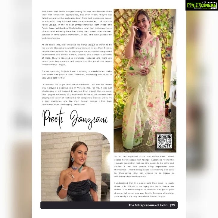 Preeti Jhangiani Instagram - From Kiran in Mohobbatein to Preeti in Awara Pagal Deewana, to many more Bollywood hit movies, the world knows Preeti Jhangiani as one of Bollywood’s finest actresses. But very little does the world know about Preeti Jhangiani’s life accomplishments and contributions. Born and raised in a Sindhi family, Preeti was the first person in her family to choose Modelling as her career. While she was still in college, she decided to take an active part in Modelling and Acting. She got her first break in the music video by Rajshri—It was a massive hit. But no one knew that another massive Bollywood movie was on its way. After the huge success of Rajshri, Preeti was soon offered the role of Mohobbatein—Her role in Mohobbatein won many hearts and she has not looked back ever since. As life went on, Preeti got settled. She got married to another Bollywood celebrity, Parvin Dabas, and today, they’re parents to two beautiful children. But Despite playing the role of a Wife and a Mother, Preeti has not compromised her professional life. “I believe that every female is good at management. Be it home or office, I sense that everyone needs to be taken care of or looked after and it’s only then that one can grow. One can’t grow if they have animosities around them. And one has to learn to be good at time management in order to get the best results.” While most people see her playing a role in movies, Preeti happens to be equally professional in balancing her personal and professional life. Both Preeti and Parvin are performing for over two decades since their first on-screen appearance, but even today, they’ve not failed to surprise the audience. Apart from their successful career in Bollywood, they initiated SWEN Entertainment Pvt. Ltd. And Pro Panja League. In the field of Entrepreneurship, both Preeti and Parvin have outstanding Contributions and their initiatives have directly and indirectly benefited many lives. SWEN Entertainment, services in films, sports promotions, tv ads, and event production and coordination. For full article checkout the Entrepreneurs of India #magazine #November #edition #preetijhangiani #bollywood #actress