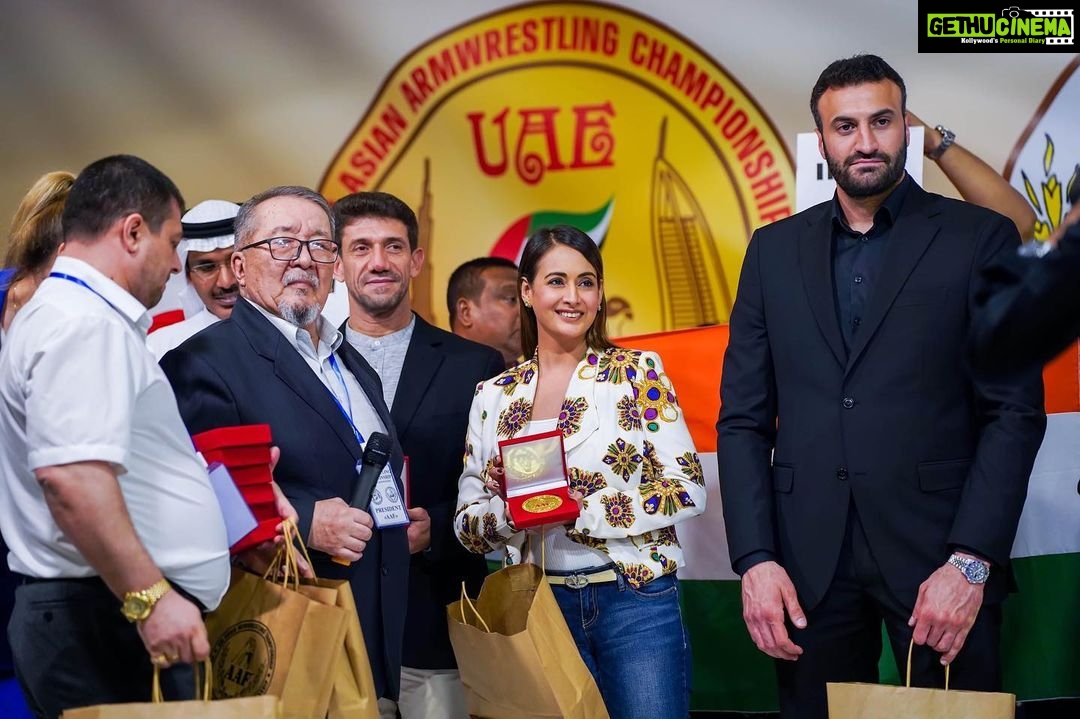 Preeti Jhangiani Instagram - @jhangianipreeti being felicitated at the @asian_armwrestling_federation championship by AAF President Mr Dzheenbek Mukambetov and Gen Sec @aha_armsport The AAF 2023 championship took place at @bahiajmanpalace #Ajman #UAE #ajmanuae Ajman, United Arab Emirates