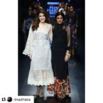 Rhea Chakraborty Instagram - The show did go on , and how ! #amazonindiafashionweek #Repost @rinadhaka with @get_repost ・・・ Silver dusty sparkle dress with big sheer lace sleeves worn by rhea nd i wear blk trousers with printed hem of flame of flowers ; with the fun nd pretty Rhea .