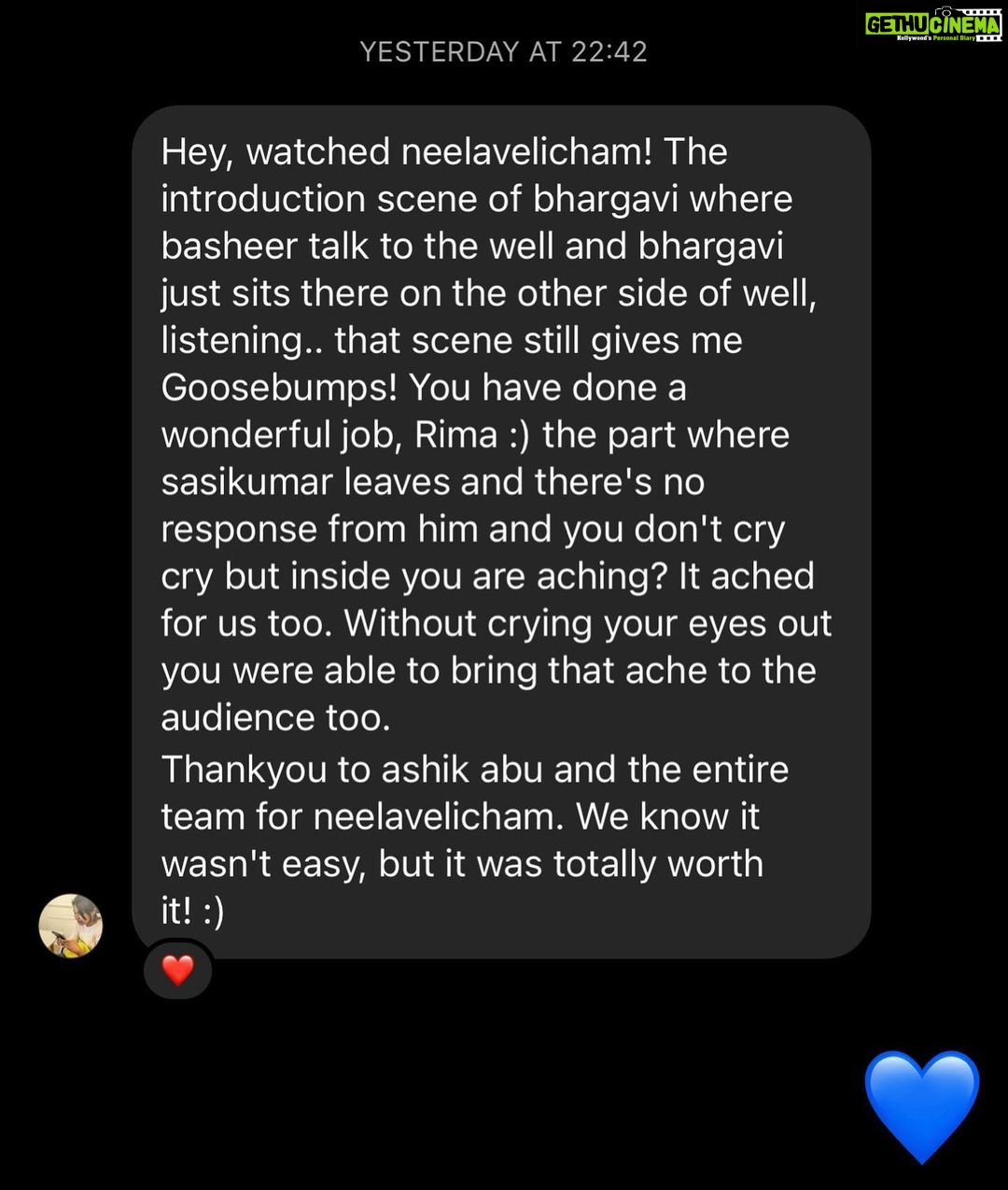 Rima Kallingal Instagram - Our bhargavis writing to us 💙 thank you thank you thank you 🌸 @neelavelichammovie
