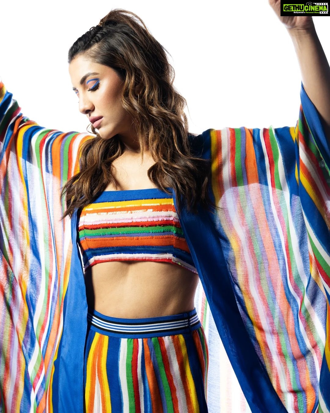 Rukmini Maitra Instagram - I truly could be any colour you like!🌈🌈🌈😃 Outfit @labelnityabajaj Styling @styleographbychikkygoenka Makeup @makeupbybithikabenia Hair @hairbymousami Photography @pixelamalgam