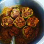 Sana Amin Sheikh Instagram – Stuffed Shimla Mirch with Keema.. with Amchur wali Gravy.. am i turning into a good cook or am i a good cook..? haha!
