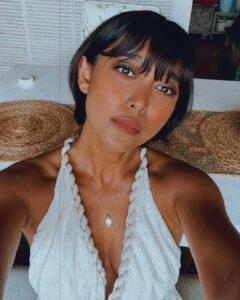 Sayani Gupta Instagram - @4moreshotspls Promotions Day Zoom Loved what @sitalmakeup did with the face! Keeping it bare with a fun eye! @paloshell added to the ease. I wore my Greek Dress and fishy necklace! And the light through the most parts of the interviews was insane! Had no photographer. But by the time I took these light was gone. It had only been 7 hours of talking!