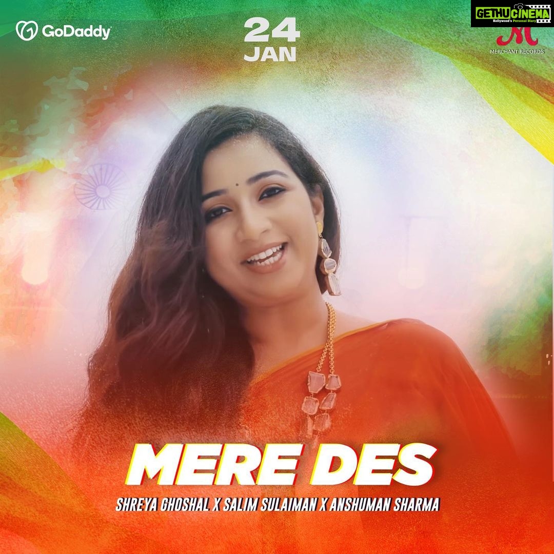 Shreya Ghoshal Instagram - Here is our ๐๐๐ฉ๐ฎ๐๐ฅ๐ข๐ ๐๐๐ฒ special by the amazing @shreyaghoshal . ๐๐๐ซ๐ ๐๐๐ฌ releases on 24th Jan. Composed by @salimsulaimanmusic Written by @shraddhapandit Music produced by @anshuman.sharma1 Video - @shanky.pro Presented by @merchant_records & @godaddyindia @shreyaghoshal @shraddhapandit @salimmerchant @sulaiman.merchant @godaddyindia @nikhilarora.official @godaddy @anshuman.sharma1 @merchant_records @salimsulaimanmusic @radhika188 @shivansh.j @shanky.pro #MereDes #ShreyaGhoshal #salimsulaiman