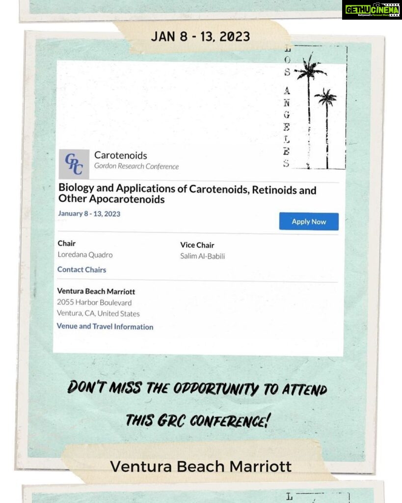 Vidhya Instagram - Looking forward :) Registration link: https://www.grc.org/carotenoids-conference/2023/ Conference Description: The Carotenoids GRC is a premier, international scientific conference focused on advancing the frontiers of science through the presentation of cutting-edge and unpublished research, prioritizing time for discussion after each talk and fostering informal interactions among scientists of all career stages. The conference program includes a diverse range of speakers and discussion leaders from institutions and organizations worldwide, concentrating on the latest developments in the field. The conference is five days long and held in a remote location to increase the sense of camaraderie and create scientific communities, with lasting collaborations and friendships. In addition to premier talks, the conference has designated time for poster sessions from individuals of all career stages, and afternoon free time and communal meals allow for informal networking opportunities with leaders in the field.