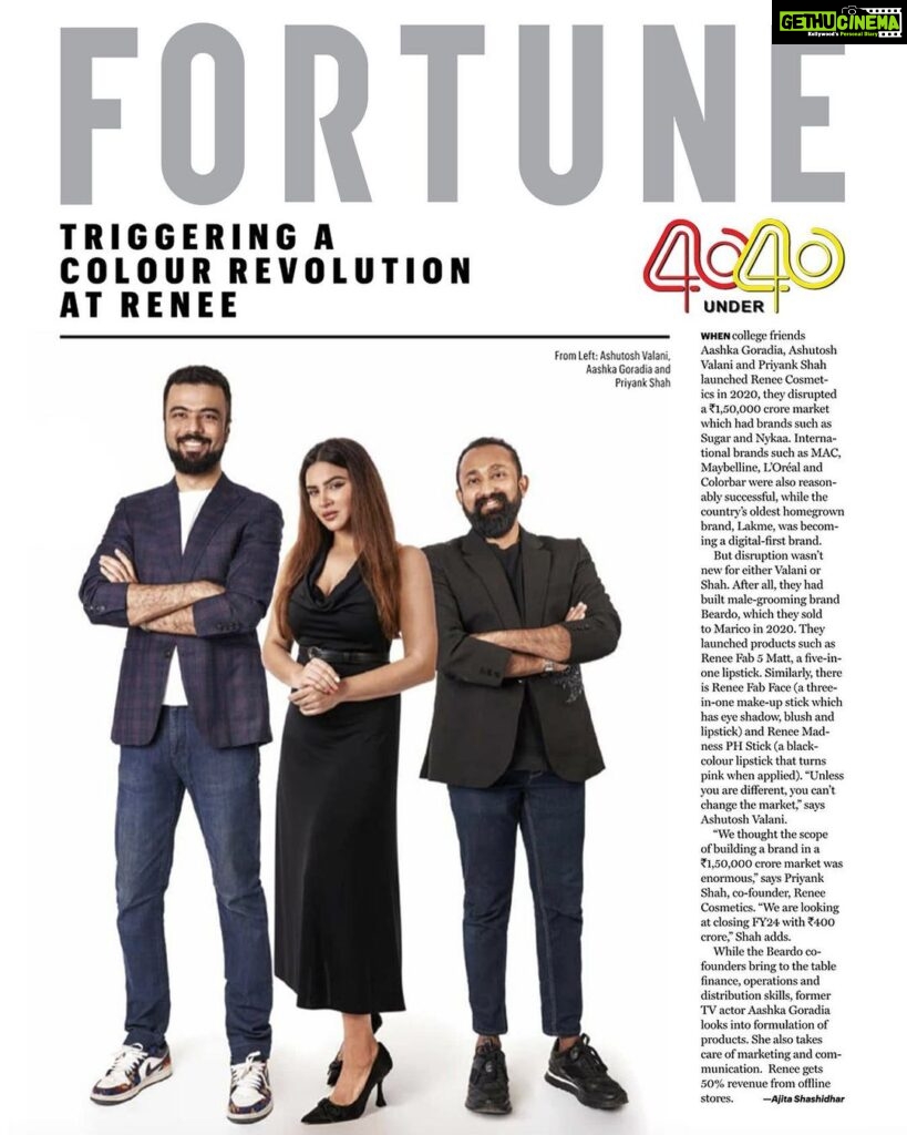 Aashka Goradia Instagram - Thank you for the recognition and honour @fortune.india #40under40 Taking risks, making sacrifices, staying away from comfort zones and happy warm places, dealing with outside noises, doubts and judgements, unwavering passion, working with determination and delivering what is expected in order to make a dream become reality. Renee Family - you are a dream team. Thank you’ for making this happen. PS - congratulations to my boys who made it to this prestigious list once again. @ashutoshvalani @jacobprix PS - @ibrentgoble my darling husband, big whistle to this guy who supports and celebrates his partners achievements! My family - you teach me humility, my super power. #fortune #fortuneindia #40under40 #ReneeCosmetics #startup