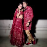 Akansha Chamola Instagram - 🙏Karwachauth ki hardik shubhkamnaye 🙏 Wearing @the_adhya_designer . . . . . . . . . . . . . . #gauravkhanna #bridalcouture #karwachauth #couplefashion #couplegram #couplegoals #twinning #fashiondiaries #indianfestivities #dressup #lehenga #redlehenga #redmonth #marriedlife #lovehim #instacute #instastylish #couplestyle