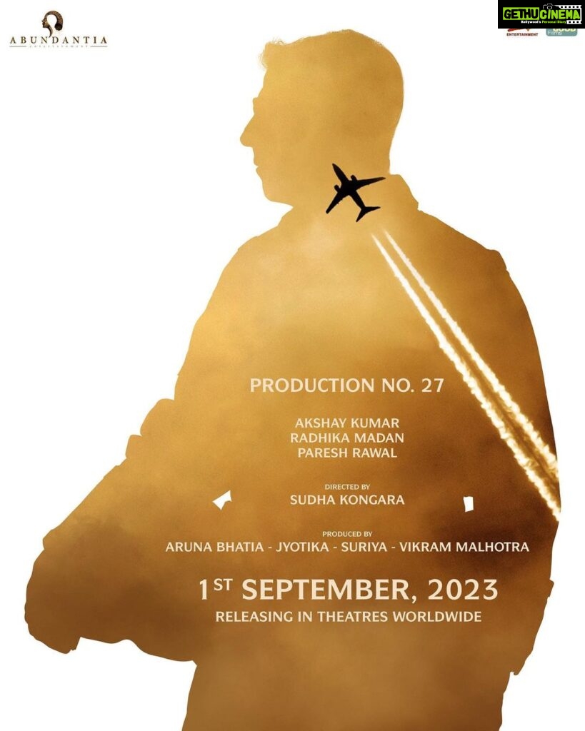 Akshay Kumar Instagram - We are ready for take off! ✈️ Production No. 27 (Untitled) releases in theatres worldwide on 1st September, 2023. @radhikamadan @pareshrawalofficial @sudha_kongara @jyotika @actorsuriya @ivikramix @rajsekarpandian @abundantiaent @2d_entertainment @capt_gr_gopinath @sikhya @gvprakash