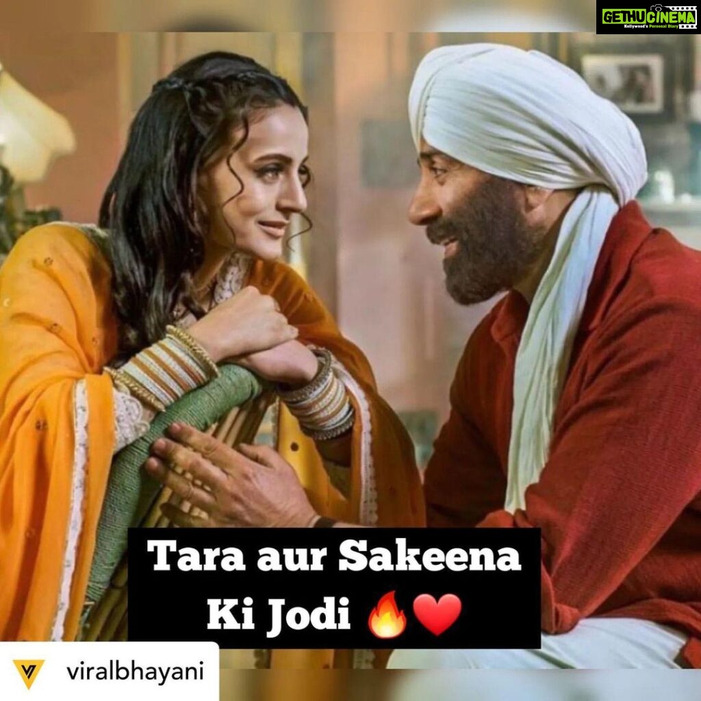Ameesha Patel Instagram - Posted @withregram • @viralbhayani The producers released The first look of the much awaited super hit Jodi of Tara and sakeena today for their upcoming film gadar 2 which release this august and we are simply loving it. #ameeshapatel #sunnydeol