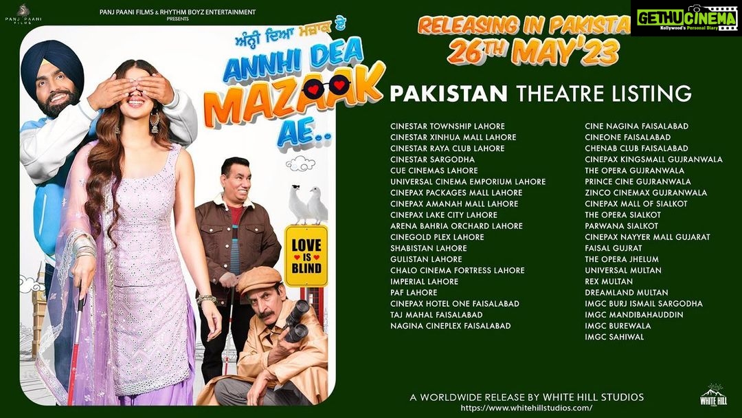 Ammy Virk Instagram - Our film ANNHI DEA MAZAAK AE releasing in these cinemas… ❤️
