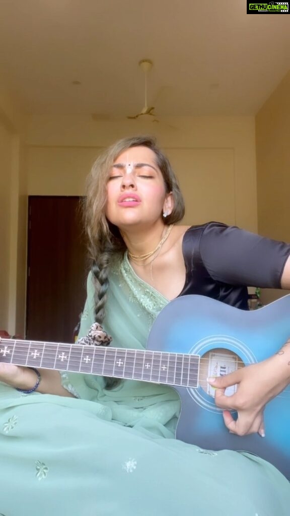 Anagha Bhosale Instagram - Just a clip of singing Hari naam & practising 🎸 Saying the mahamantra destroys all sinful thoughts🙌🏻 . Krishna and His name, both are similar. It is because Lord Krishna has put all his divine powers in His name. Chanting the holy name of Lord Krishna collectively means coming together and spreading the message of togetherness. Lord Chaitanya stressed that the chanting of the Hare Krishna maha-mantra, Hare Krishna Hare Krishna, Krishna Krishna Hare Hare, Hare Rama Hare Rama ,Rama Rama Hare Hare, is the easiest means of self-realization. Mantras were only chanted softly until Lord Chaitanya started Harinam Sankirtan, the loud public and congregational chanting of the maha-mantra accompanied by musical instruments. He also taught the devotees to gracefully dance to the chanting. Once, one is caught up in the dancing and chanting, he becomes completely absorbed in the sound vibrations of the mantra. The mantra then enters his consciousness, purifies his heart and awakens his dormant love for Krishna. This style of chanting Krishna’s holy names also allows others, such as passers-by, animals and plants to benefit from the auspicious effects of the mantra. . When we chant the divine name of Lord Krishna, it destroys all the sinful thoughts. When people chant the name in the group, it is not just beneficial for them, but also benefit those who are moving around.
