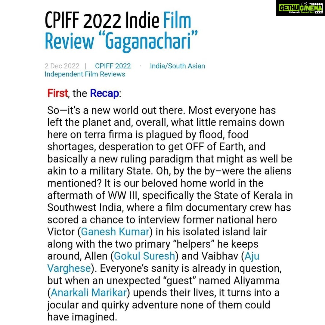 Anarkali Marikar Instagram - Gaganachari's first official review from CPIFF, Chicago. ❤