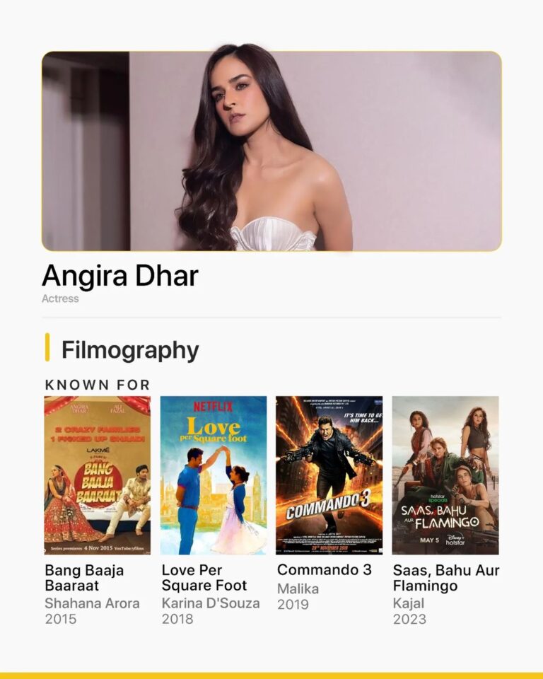 Angira Dhar Instagram - After receiving praise for her performance as Kajal in Saas, Bahu Aur Flamingo streaming on @disneyplushotstar , @angira leads this week's IMDb's Popular Indian Celebrities Feature. Here's a look back at some of her performances that she is known for ✨💛 IMDb 