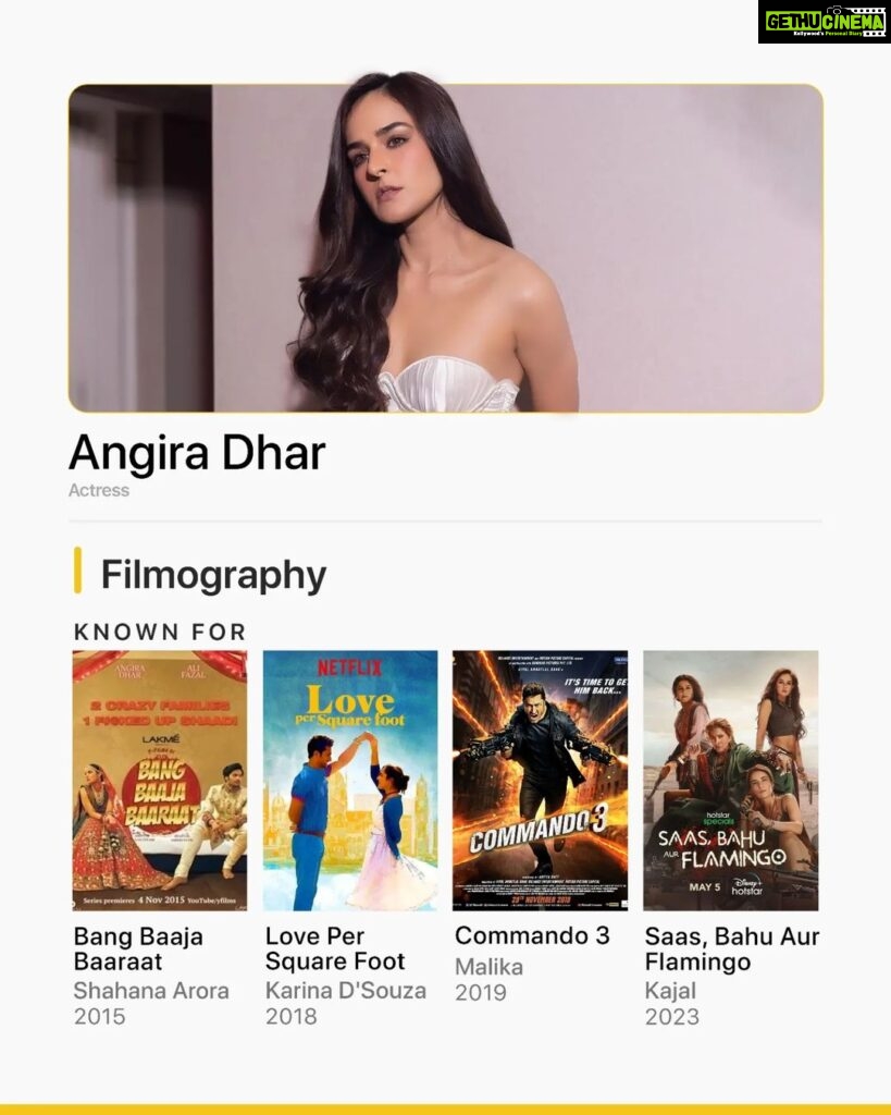 Angira Dhar Instagram - After receiving praise for her performance as Kajal in Saas, Bahu Aur Flamingo streaming on @disneyplushotstar , @angira leads this week's IMDb's Popular Indian Celebrities Feature. Here's a look back at some of her performances that she is known for ✨💛 IMDb "Known for" is a space where you can find other notable work from your favourite artist all on their page on IMDb.com. As always, determined by fans! 💛 🎬: Bang Baaja Baaraat | YouTube Love Per Square Foot | Netflix Commando 3 | Zee5 Saas, Bahu Aur Flamingo | Disney+ Hotstar