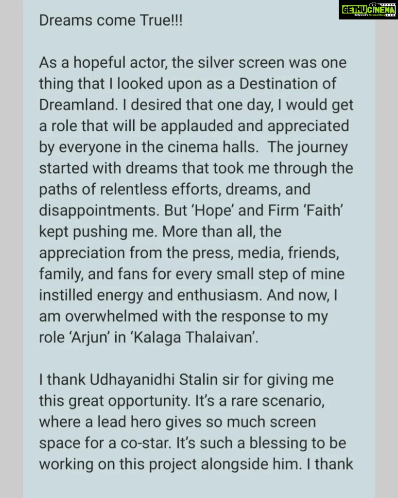 Arav Instagram - Thank you for loving #ARJUN #KalagaThalaivan #DreamsComeTrue @udhay_stalin #MagizhThirumeni @redgiantmovies_ #arav