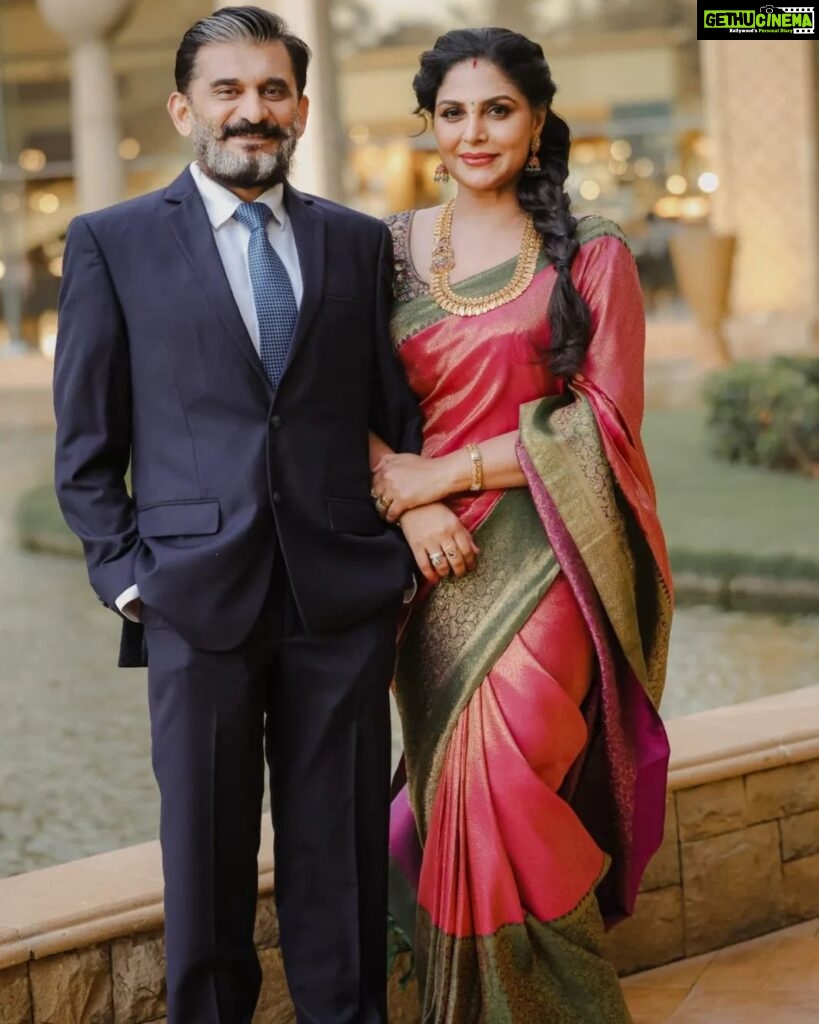 Asha Sharath Instagram - My strength, my rock, my tower. He's my everything. I'm so lucky to have found you, thank you for always making me laugh and for making me feel like a queen. Happy birthday my love💖💕. Saree & Jewellery: @ashasharathcollections