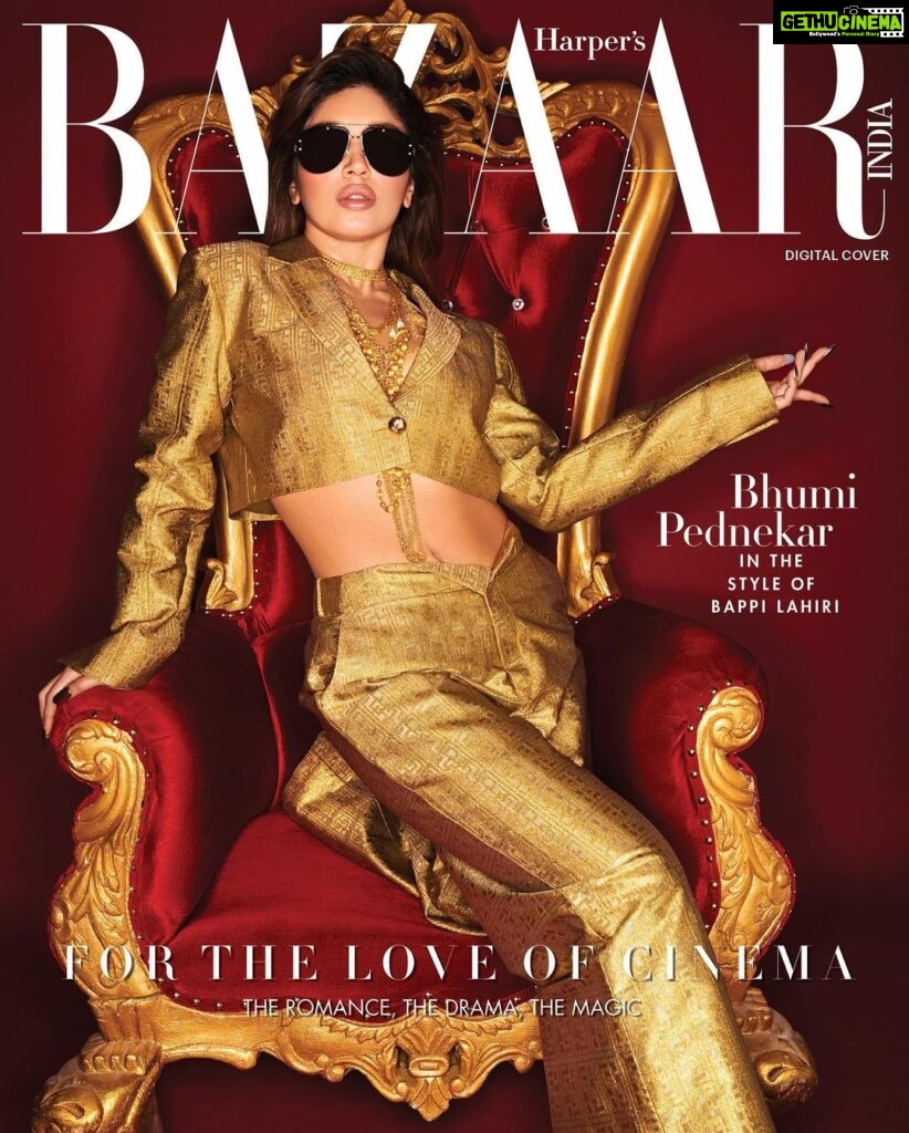 Bhumi Pednekar Instagram - Presenting, Bazaar India's digital coverstar Bhumi Pednekar (@bhumipednekar)…in the iconic style of the late singer, composer, and icon, Bappi Lahiri. In an exclusive conversation with Editor Nandini Bhalla (@nandinibhalla) for the 14th Anniversary issue—the Cinema Issue—the actor opens up about her earliest memory of cinema, the kind of characters she hopes to portray in the near future, her style evolution, and more. ⠀ Excerpts from the interview: Nandini: For this special issue of Harper’s Bazaar, you have been dressed in the bold style of late singer and composer, Bappi Lahiri... Bhumi: "Bappi Da was such an icon; he created such an extraordinary identity for himself, through his art, through his craft... That is why Bappi Da has left behind a legacy, a legacy that is unmatched. He was a fashion icon, undeterred by what people thought of him. Because in the time that he lived, people weren’t always that accepting of disruptive personalities. But he stuck to who he was, and that is why he’s such a legend." N: Let’s rewind to the ’90s... tell me about your earliest memory of cinema. B: "I remember it distinctly; my earliest memory of cinema was watching Rangeela in a theatre... I was absolutely mesmerised by how Urmila Matondkar looked. Then I remember watching Hum Aapke Hain Koun..! and Dilwale Dulhania Le Jayenge. My love for cinema was deeply linked to my love for beauty and fashion...that’s where it all began. I have always enjoyed experimenting with fashion and beauty, and the power of transformation fascinates me. Even in the films I watched, I would notice the outfits and make-up." Editor: Nandini Bhalla (@nandinibhalla) Photographs: Vaishnav Praveen (@vaishnavpraveen) Styling: Mohit Rai (@mohitrai) & Sohiny Das (@sohinydas) Make-Up: Sonic Sarwate (@sonicsmakeup) Hair: Marcelo Pedrozo (@marcepedrozo) Production: April Studios (@april.studios) Bhumi is wearing cropped blazer and trousers, Falguni Shane Peacock (@falgunishanepeacockindia); necklaces, Ranka Jewellers (@rankajewellersofficial); double Medusa aviator sunglasses, Versace (@versace) Head to the link in bio to read Bhumi's full interview. Bazaar India’s latest issue is out on stands!