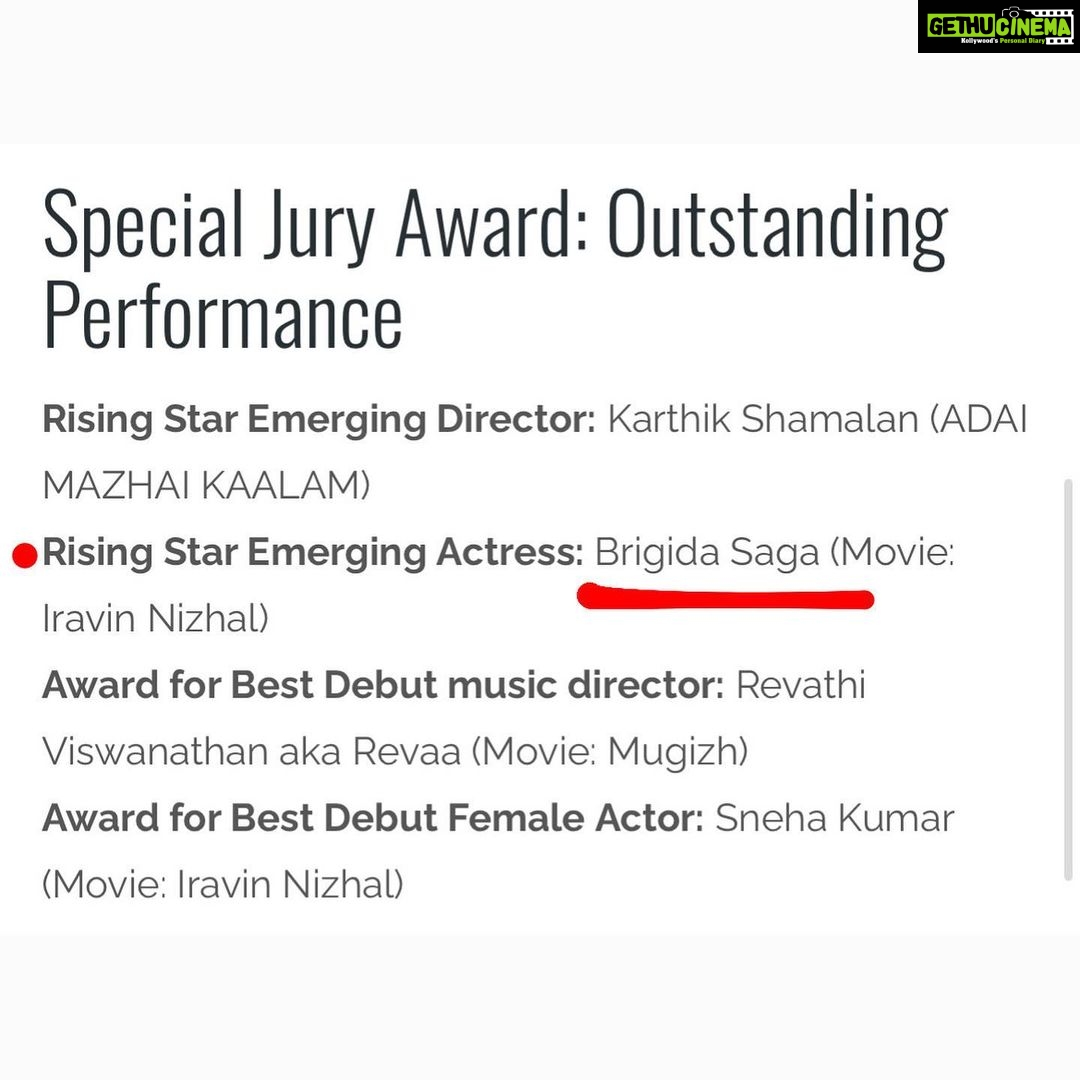 Brigida Instagram - After all… Rising happiness in my life. Happy to share this to u all. ~ RISING STAR EMERGING ACTRESS AWARD🥇 #torontotamilfilmfestival 2022 My heartfelt thanks to toronto jury members. And thanks a lot sir @radhakrishnan_parthiban