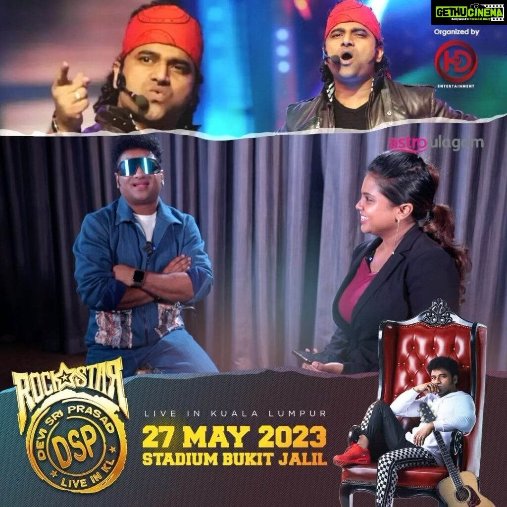 Devi Sri Prasad Instagram - Get ready to groove the beats of DSP Live in Concert on May 27th at Stadium Bukit Jalil, Kuala Lumpur! And who knows, we might even get a sneak peek of Suriya 42. Don’t miss out on the fun! #DSPliveinKL #astroulagam