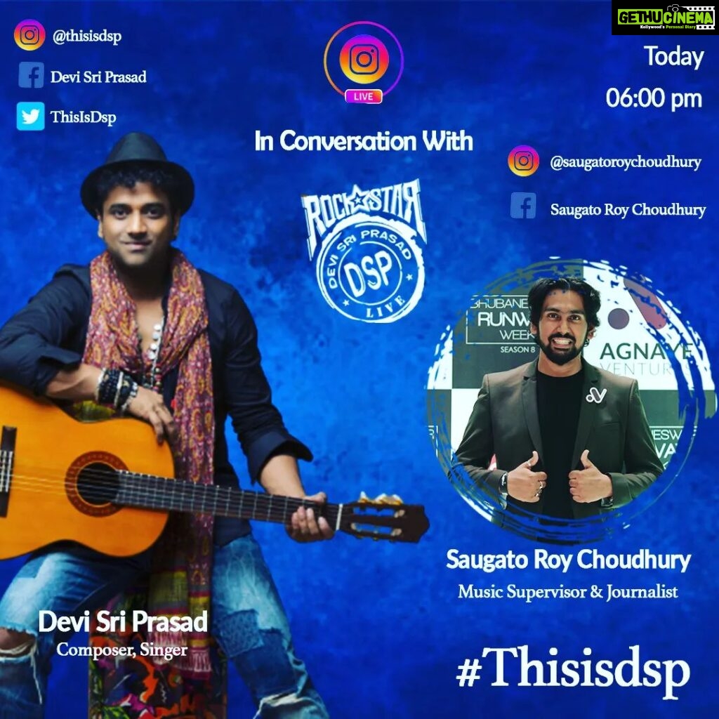 Devi Sri Prasad Instagram - Sun Zara Sun, It's time for some Dhinka Chicka as we start our new season today with Mr Perfect, Rockstar DSP. Just Seeti Maaro and join us today at 6pm ! The man behind musical mammoths like Pushpa,Aryaa,Aryaa 2, Dhrisyam 2 , Ready , Kisika Bhai Kisi Ki Jaan and many more... #InConversationWith @thisisdsp ❤ #Thisisdsp Bhubaneswar, India
