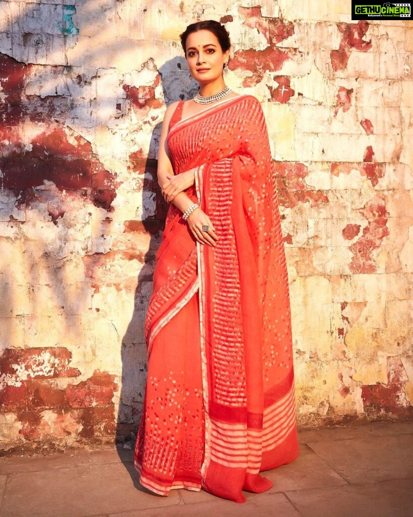 Dia Mirza Instagram - #BheedInCinemasMarch24 Promotions for #Bheed in this hand crafted @anavila_m saree 😍 “Boond being an integral part of prints and pattern of dabu block prints. This is a new interpretation of the circle as a motif seen in flowers, stars, rain drops, grains and many other daily life objects. These little circles come together to form one of a kind pattern in Red, peach & ivory colors. The technique is double dabu.” Jewellery @silverstreakstore Styled by @theiatekchandaney MUH @shraddhamishra8 Photos by @shivamguptaphotography Managed by @shruti8711 @exceedentertainment #SustainableSaree #SustainableFashion #HandMadeInIndia #VocalForLocal