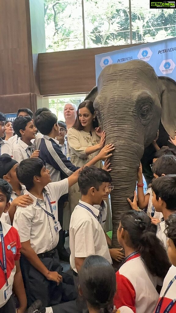 Dia Mirza Instagram - EXCITING NEWS! Asia’s first animatronic empathy-building elephant, Ellie, voiced by me, was launched at Mumbai’s @jamnabai.narsee.school. She will visit schools across the country to teach youngsters that kindness to elephants means letting them live free🐘🌏🕊️ @petaindia P.S.- It is giving voice to campaigns like these that makes being an artist the biggest joy🙏🏻 thank you @sachinsbangera for choosing me to be Ellie’s voice 💚 Also, Gauri and Prasoon thank you for making Ellie so real! The way the children responded to her was magic🙌🏼🙏🏻 @offish.character.art.studio @gaurioffish @probotix01 India