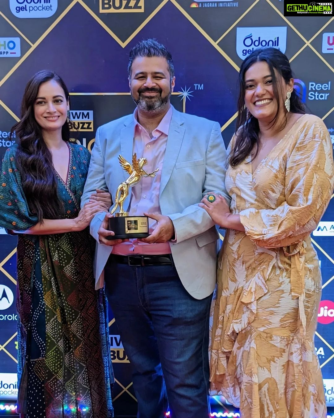 Dia Mirza Instagram - We won! GRAY, our first ever @weareyuvaa x @amazonminitv short film won the Best Short Film Award at the @iwmbuzz Awards tonight. But my favourite part of the evening was getting to collect it alongside @diamirzaofficial, who has been the most gracious actor I have had the privilege of working with. During the pre-production of Gray, we wanted someone truly compassionate to play the pivotal role of the therapist in the film, to talk 'consent'. @sakshirg @puneetruparel & I couldn't think of anyone better than Dia. Within 24 hours of my DM, Dia had read the script, agreed to do it, decided to give her fee to charity, and had the most thoughtful words of feedback on the writing! She then met me and played the sweetest host, diving deep into character and themes of the film, while eager to know more about Yuvaa and my work.. which she's been incredibly supportive of anyway! On set, she was a dream to work with. First to arrive, always humility personified, more calm than all the rest of us not only about her role, but even when any of us needed reassurance about our work too. And as an actor, I have rarely come across such grace, composure and generosity on camera. Oftentimes, I have struggled to find people who are great at their work but also kind, earnest and grounded about it, especially when they reach a certain stature. I have always believed you can have talent - and success - without being an asshole. And working with Dia, I couldn't stop being in awe of how she's proof that this is possible! She's the kind of person I hope to someday be, if I ever reach her level of success & impact (especially with all the AMAZING work she does on climate change with the UN & the SDGs!). This year, I tried making a promise to myself that I'm going to be more measured on social media and not make too many fanboy posts about folks I admire (sometimes, they end up not nice 💔). But honestly, each time I get the opportunity to hang with Dia, it feels so wholesome, honest and real, I just couldn't stop myself from writing ❤️ Thank you for being who you are, Dia. You truly do make the world a better place ☺️🤗 All others: do watch our film GRAY on @amazonminitv for FREE!