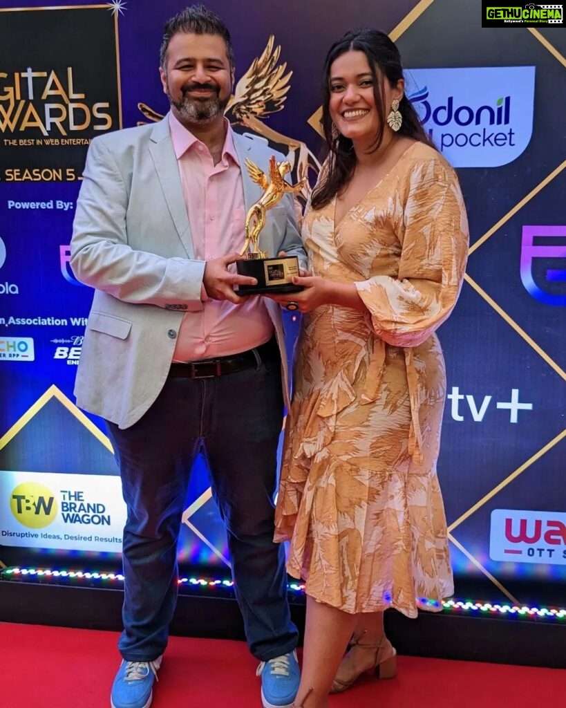 Dia Mirza Instagram - We won! GRAY, our first ever @weareyuvaa x @amazonminitv short film won the Best Short Film Award at the @iwmbuzz Awards tonight. But my favourite part of the evening was getting to collect it alongside @diamirzaofficial, who has been the most gracious actor I have had the privilege of working with. During the pre-production of Gray, we wanted someone truly compassionate to play the pivotal role of the therapist in the film, to talk 'consent'. @sakshirg @puneetruparel & I couldn't think of anyone better than Dia. Within 24 hours of my DM, Dia had read the script, agreed to do it, decided to give her fee to charity, and had the most thoughtful words of feedback on the writing! She then met me and played the sweetest host, diving deep into character and themes of the film, while eager to know more about Yuvaa and my work.. which she's been incredibly supportive of anyway! On set, she was a dream to work with. First to arrive, always humility personified, more calm than all the rest of us not only about her role, but even when any of us needed reassurance about our work too. And as an actor, I have rarely come across such grace, composure and generosity on camera. Oftentimes, I have struggled to find people who are great at their work but also kind, earnest and grounded about it, especially when they reach a certain stature. I have always believed you can have talent - and success - without being an asshole. And working with Dia, I couldn't stop being in awe of how she's proof that this is possible! She's the kind of person I hope to someday be, if I ever reach her level of success & impact (especially with all the AMAZING work she does on climate change with the UN & the SDGs!). This year, I tried making a promise to myself that I'm going to be more measured on social media and not make too many fanboy posts about folks I admire (sometimes, they end up not nice 💔). But honestly, each time I get the opportunity to hang with Dia, it feels so wholesome, honest and real, I just couldn't stop myself from writing ❤️ Thank you for being who you are, Dia. You truly do make the world a better place ☺️🤗 All others: do watch our film GRAY on @amazonminitv for FREE!