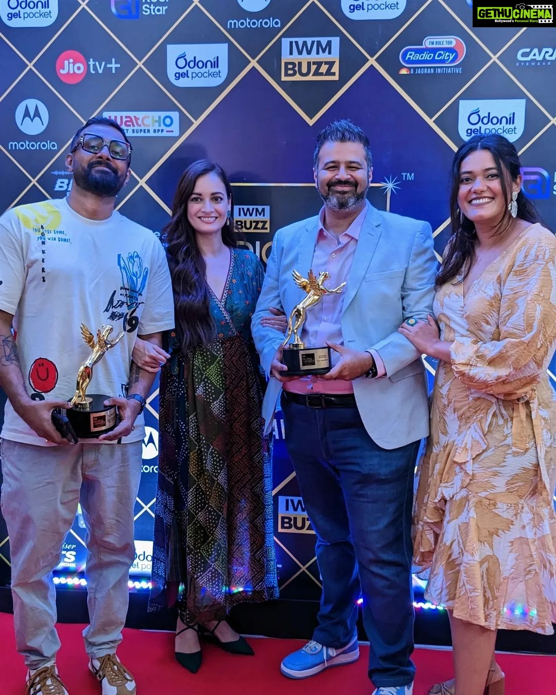 Dia Mirza Instagram - We won! GRAY, our first ever @weareyuvaa x @amazonminitv short film won the Best Short Film Award at the @iwmbuzz Awards tonight. But my favourite part of the evening was getting to collect it alongside @diamirzaofficial, who has been the most gracious actor I have had the privilege of working with. During the pre-production of Gray, we wanted someone truly compassionate to play the pivotal role of the therapist in the film, to talk 'consent'. @sakshirg @puneetruparel & I couldn't think of anyone better than Dia. Within 24 hours of my DM, Dia had read the script, agreed to do it, decided to give her fee to charity, and had the most thoughtful words of feedback on the writing! She then met me and played the sweetest host, diving deep into character and themes of the film, while eager to know more about Yuvaa and my work.. which she's been incredibly supportive of anyway! On set, she was a dream to work with. First to arrive, always humility personified, more calm than all the rest of us not only about her role, but even when any of us needed reassurance about our work too. And as an actor, I have rarely come across such grace, composure and generosity on camera. Oftentimes, I have struggled to find people who are great at their work but also kind, earnest and grounded about it, especially when they reach a certain stature. I have always believed you can have talent - and success - without being an asshole. And working with Dia, I couldn't stop being in awe of how she's proof that this is possible! She's the kind of person I hope to someday be, if I ever reach her level of success & impact (especially with all the AMAZING work she does on climate change with the UN & the SDGs!). This year, I tried making a promise to myself that I'm going to be more measured on social media and not make too many fanboy posts about folks I admire (sometimes, they end up not nice 💔). But honestly, each time I get the opportunity to hang with Dia, it feels so wholesome, honest and real, I just couldn't stop myself from writing ❤️ Thank you for being who you are, Dia. You truly do make the world a better place ☺️🤗 All others: do watch our film GRAY on @amazonminitv for FREE!