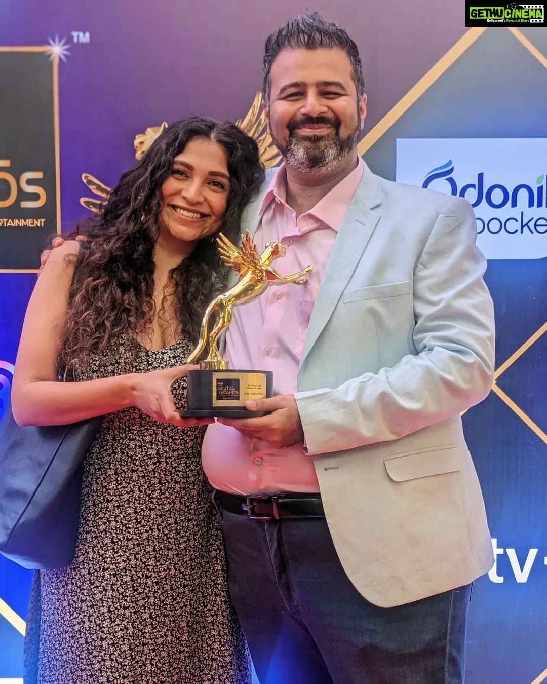 Dia Mirza Instagram - We won! GRAY, our first ever @weareyuvaa x @amazonminitv short film won the Best Short Film Award at the @iwmbuzz Awards tonight. But my favourite part of the evening was getting to collect it alongside @diamirzaofficial, who has been the most gracious actor I have had the privilege of working with. During the pre-production of Gray, we wanted someone truly compassionate to play the pivotal role of the therapist in the film, to talk 'consent'. @sakshirg @puneetruparel & I couldn't think of anyone better than Dia. Within 24 hours of my DM, Dia had read the script, agreed to do it, decided to give her fee to charity, and had the most thoughtful words of feedback on the writing! She then met me and played the sweetest host, diving deep into character and themes of the film, while eager to know more about Yuvaa and my work.. which she's been incredibly supportive of anyway! On set, she was a dream to work with. First to arrive, always humility personified, more calm than all the rest of us not only about her role, but even when any of us needed reassurance about our work too. And as an actor, I have rarely come across such grace, composure and generosity on camera. Oftentimes, I have struggled to find people who are great at their work but also kind, earnest and grounded about it, especially when they reach a certain stature. I have always believed you can have talent - and success - without being an asshole. And working with Dia, I couldn't stop being in awe of how she's proof that this is possible! She's the kind of person I hope to someday be, if I ever reach her level of success & impact (especially with all the AMAZING work she does on climate change with the UN & the SDGs!). This year, I tried making a promise to myself that I'm going to be more measured on social media and not make too many fanboy posts about folks I admire (sometimes, they end up not nice 💔). But honestly, each time I get the opportunity to hang with Dia, it feels so wholesome, honest and real, I just couldn't stop myself from writing ❤️ Thank you for being who you are, Dia. You truly do make the world a better place ☺️🤗 All others: do watch our film GRAY on @amazonminitv for FREE!