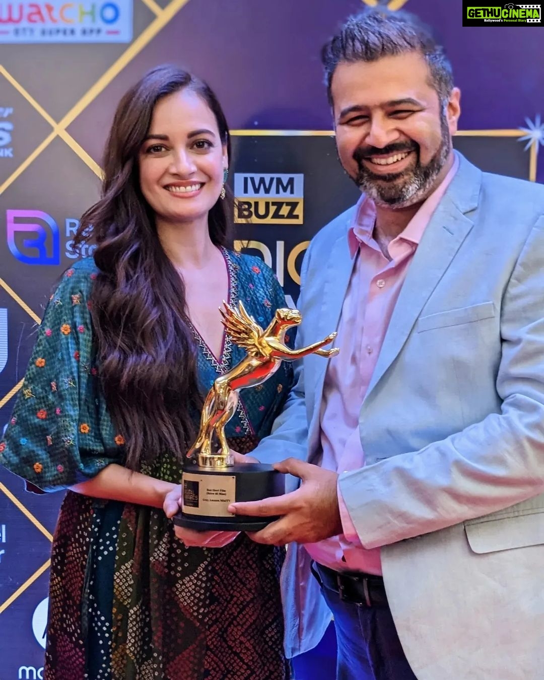Dia Mirza Instagram - We won! GRAY, our first ever @weareyuvaa x @amazonminitv short film won the Best Short Film Award at the @iwmbuzz Awards tonight. But my favourite part of the evening was getting to collect it alongside @diamirzaofficial, who has been the most gracious actor I have had the privilege of working with. During the pre-production of Gray, we wanted someone truly compassionate to play the pivotal role of the therapist in the film, to talk 'consent'. @sakshirg @puneetruparel & I couldn't think of anyone better than Dia. Within 24 hours of my DM, Dia had read the script, agreed to do it, decided to give her fee to charity, and had the most thoughtful words of feedback on the writing! She then met me and played the sweetest host, diving deep into character and themes of the film, while eager to know more about Yuvaa and my work.. which she's been incredibly supportive of anyway! On set, she was a dream to work with. First to arrive, always humility personified, more calm than all the rest of us not only about her role, but even when any of us needed reassurance about our work too. And as an actor, I have rarely come across such grace, composure and generosity on camera. Oftentimes, I have struggled to find people who are great at their work but also kind, earnest and grounded about it, especially when they reach a certain stature. I have always believed you can have talent - and success - without being an asshole. And working with Dia, I couldn't stop being in awe of how she's proof that this is possible! She's the kind of person I hope to someday be, if I ever reach her level of success & impact (especially with all the AMAZING work she does on climate change with the UN & the SDGs!). This year, I tried making a promise to myself that I'm going to be more measured on social media and not make too many fanboy posts about folks I admire (sometimes, they end up not nice 💔). But honestly, each time I get the opportunity to hang with Dia, it feels so wholesome, honest and real, I just couldn't stop myself from writing ❤️ Thank you for being who you are, Dia. You truly do make the world a better place ☺️🤗 All others: do watch our film GRAY on @amazonminitv for FREE!