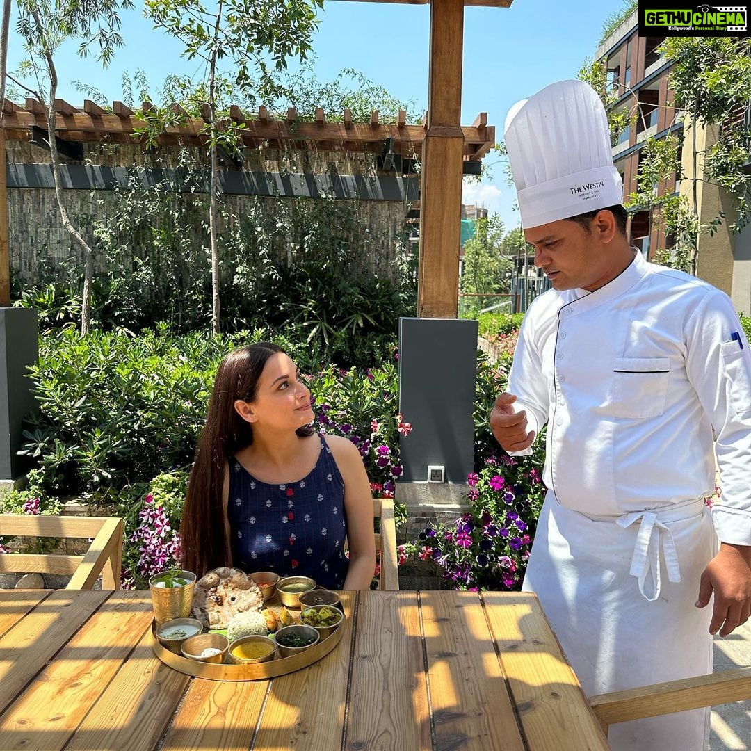 Dia Mirza Instagram - We are on our summer holiday at @thewestinhimalayas and itβs everything the kids enjoy π¦ Eating divine local food, enjoying the electric buggy rides, the clean mountain air and the best hospitality ππ±π― Thank you for taking the steps you are to #BeatPlasticPollution by ensuring you serve all water in glass bottles filtered and bottled on the property @thewestinhimalayas. I noticed no plastic cling wrap is used to cover food and waste is segregated and managed scientifically. Well done ππΌ #SunsetKeDivane @vaibhav.rekhi P.S. - wearing my @taavi_ π The Westin Resort & Spa, Himalayas
