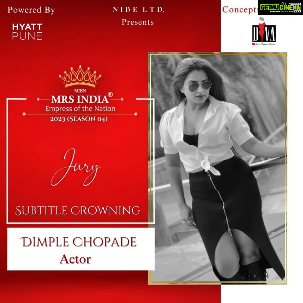 Dimple Chopade Instagram - ⚡Official Announcement⚡ We welcome Dimple Chopade - Actor @dimplechopadeofficial as an Official Jury for Subtitle Crowing 👸 of Mrs India Empress of the Nation 2023 Season 4 Finalists.✨⚡ Mrs India Empress of the Nation 2023 Conceptualised & Organised by: @diva.pageants Presented by: NIBE LIMITED Powered by: @hyattpune In association with: @meeshadiagnostics National Director: @divaanjana #announcement #mentor #karlmascarenhas #grandfinale #staytuned #theempressexperience #mrsindia #empressofthenationseason4 #divapageants #divaqueen #daredreamanddazzle #anjanamascarenhas #pageantsthatmatter #season4 #participants #india