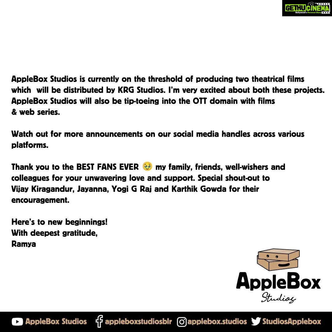 Divya Spandana Instagram - ❤️ #AppleBoxStudios