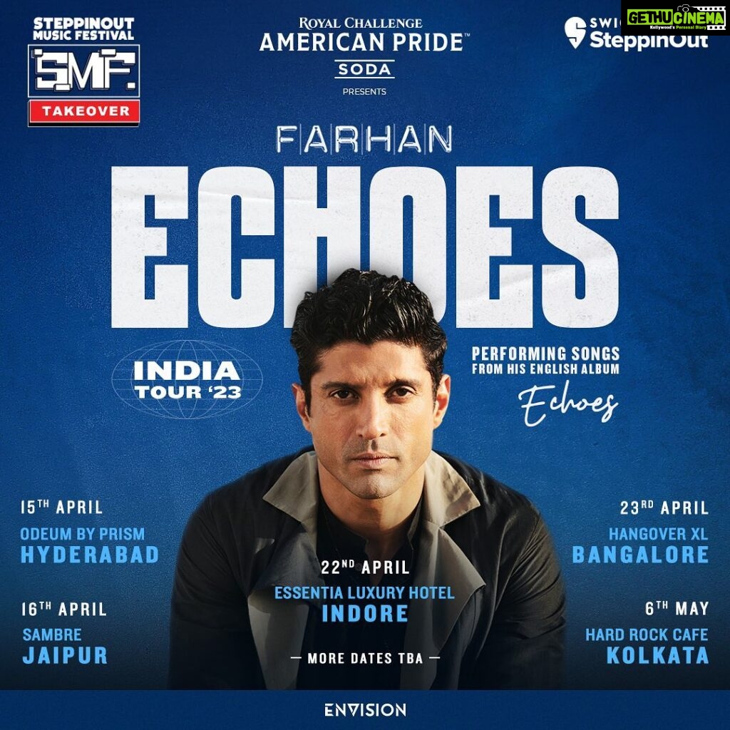 Farhan Akhtar Instagram - It’s time to take a deep dive into his expression through music🎶 Farhan Akhtar is all set to perform original songs from his album ‘Echoes’. So get ready for an unforgettable musical ride! Come watch Farhan pull the strings of your heart at the ‘Echoes’ tour✨ Book your tickets now. Link in bio🎟 #steppinout #smfarena #steppinoutmusicfestival
