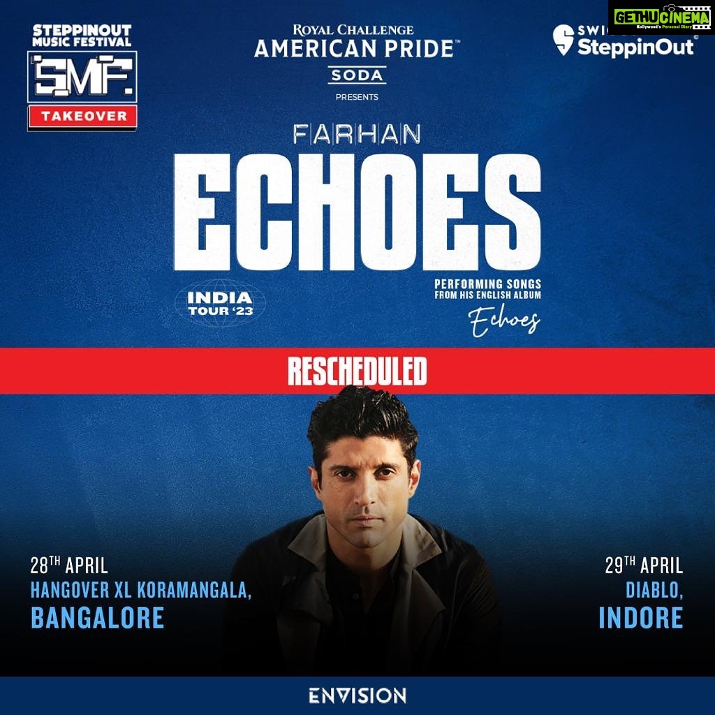 Farhan Akhtar Instagram - Hey Bengaluru and Indore .. sorry to be the bearer of this news but we’ve had to reschedule the gigs in your city to these new dates. I’m down with the flu and have been advised to not travel this weekend. Look forward to seeing you on these newly announced dates .. big hug and thank you for your understanding in this regard. ♥️ #echoes #tour