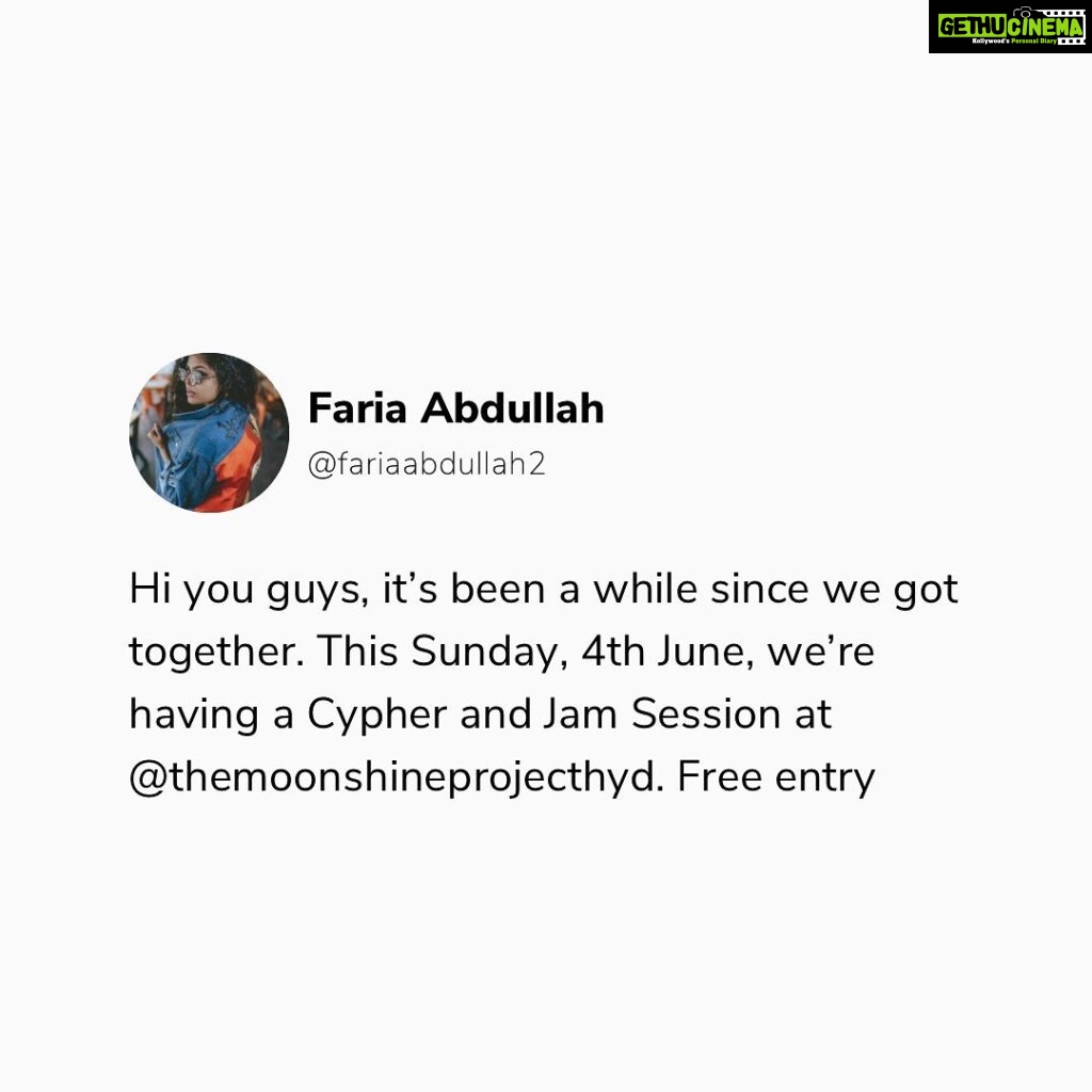Faria Abdullah Instagram - Okay, see you guys on the weekend. Can’t wait to let it out in the circle. Music is sorted @djivanlendlproximitycrew is gonna kill, Vibe is sorted @themoonshineprojecthyd, and of course it’s always great to meet artists of Hyderabad. Special thanks to @treehuggerzclub @swapnilextkumar @thefreshestkind @jerome_bboyshadow @harsha.komet @ayush_0o0 @thewhyldchild @ken_neill17 @hydhiphop_ @cypher_hours @pratyush4dsharma @shubhra.barua41 @mahiwaaay @iammohitbaid @akbar_abu @arun.aloysius @90s__kid @chaitanya_korapati @mr_rdx_robin @chaitanyanahar If you miss it, deal with the fomo.