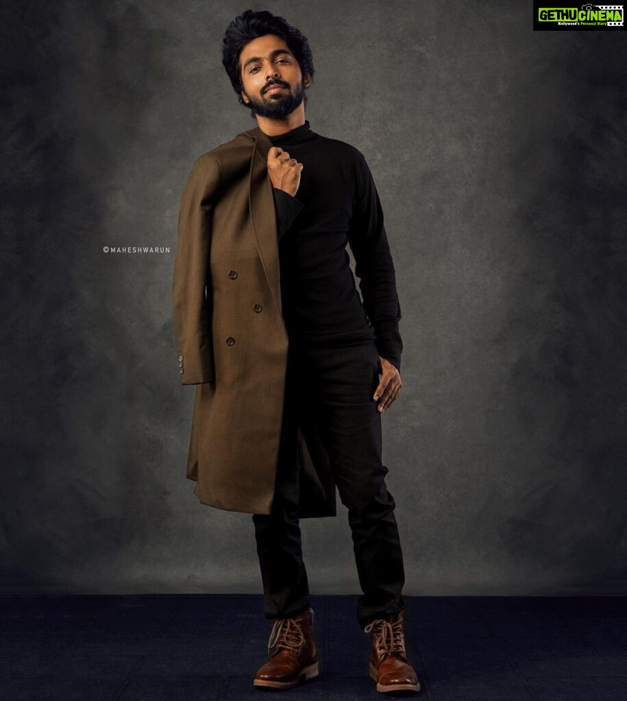 G. V. Prakash Kumar Instagram - Best in black .. Styling : @thoorigaikabilan Photography : @maheshwarun.photography Hair : @vurvesalon Wardrobe: @poshaak_bespoke Studio : @arangaa.space Shoes : @taasooofficial