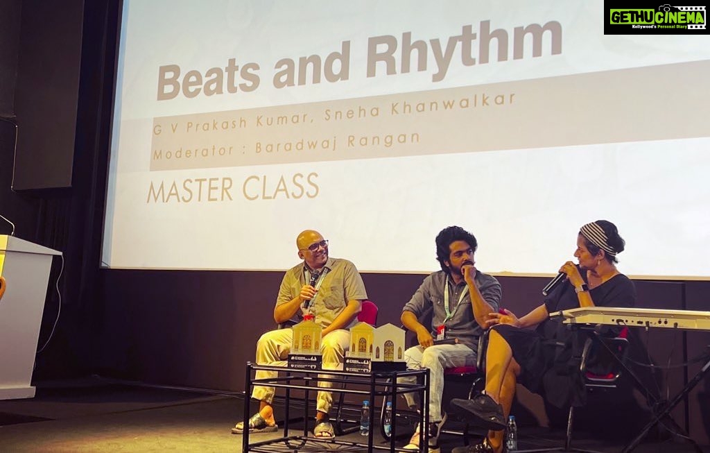 G. V. Prakash Kumar Instagram - Super happy to have attended taking the master class in #IFFI53Goa #iffigoa @iffigoa with @baradwajrangan and my good friend @snekhanwalkar #masterclass #speaker