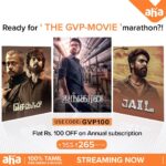 G. V. Prakash Kumar Instagram - Weekend movie marathon-ku ready ah?🤩🍿 Now enjoy all aha blockbusters of @gvprakash! Use the code GVP100 and get Rs.100 off on @ahatamil annual subscription. #ahaThattunaTamilMattume #aha100PercentTamil